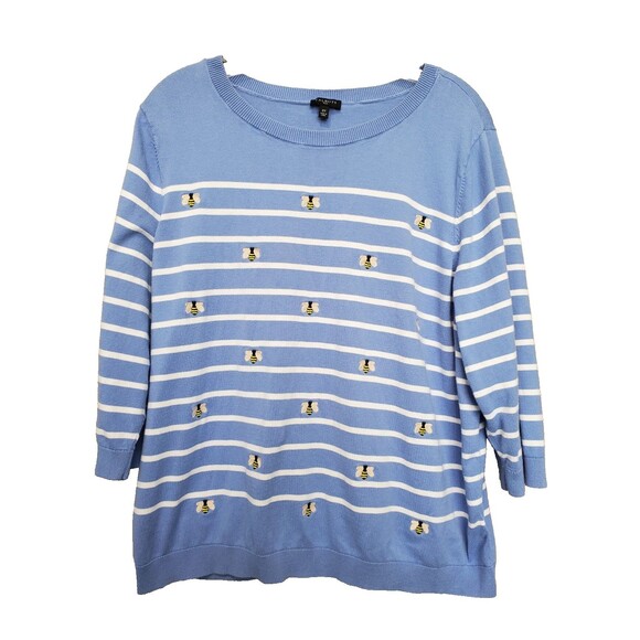 Talbots Cotton Blend Blue Striped Bee Embroidered 3/4 Sleeve Sweater Size 2X - Picture 1 of 6